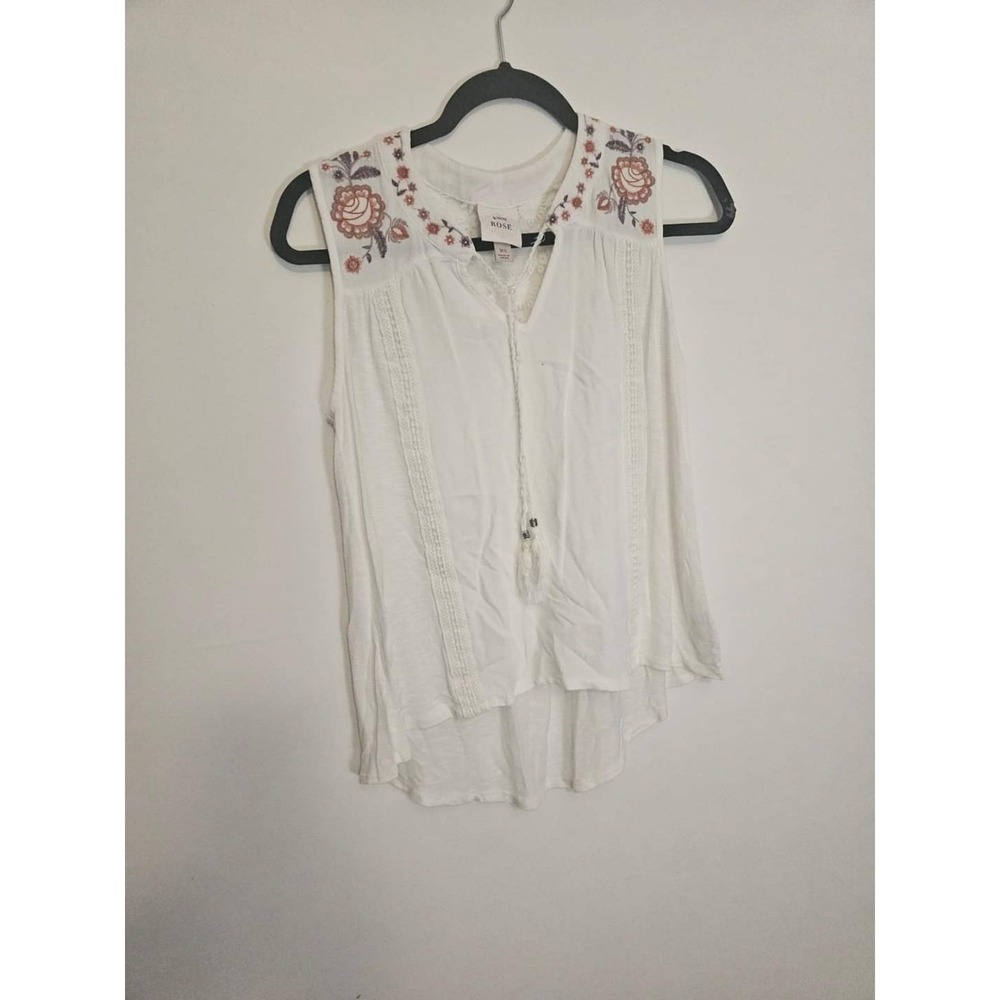 Knox Rose Women's Blouse White Flowy Boho Tank‎ Crochet Tassles XS Vneck